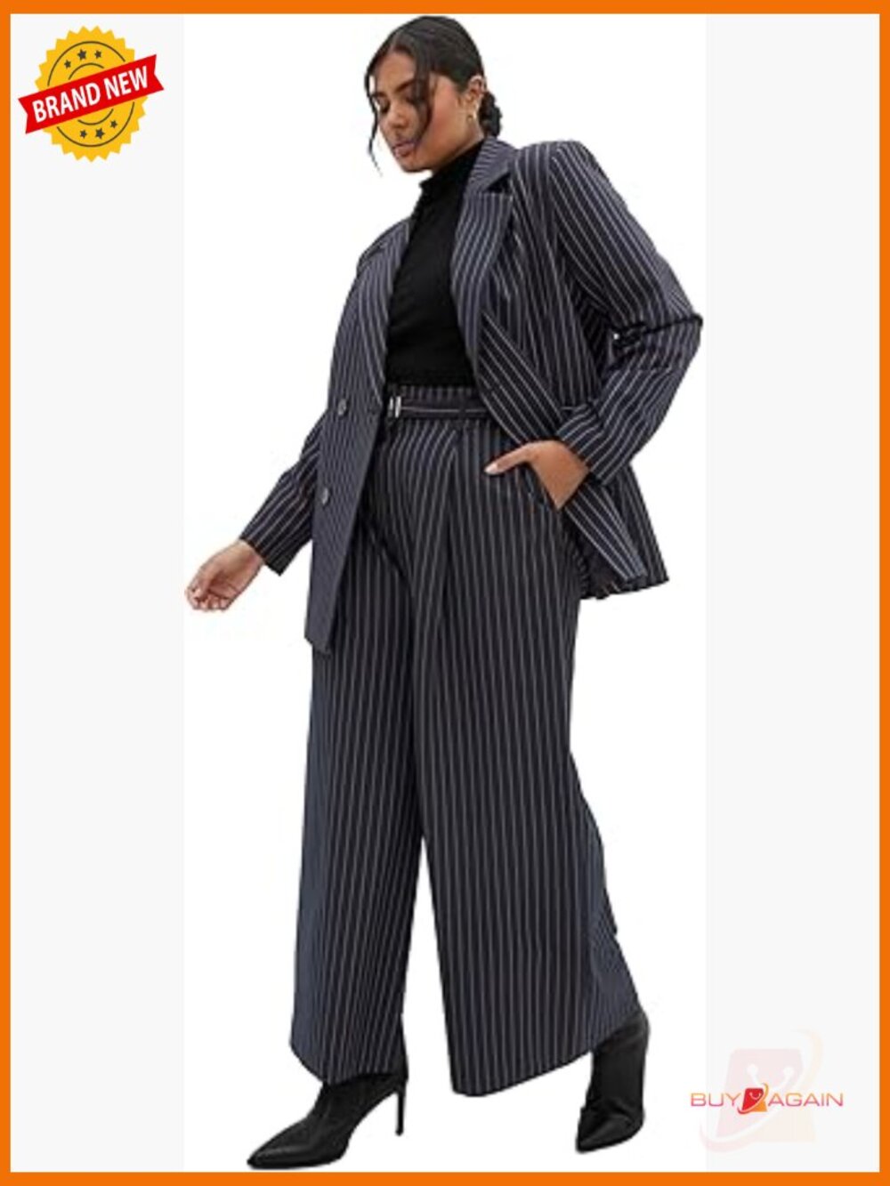 Plus Size Wide Leg Pinstripe Pants with Belt, Office Wear